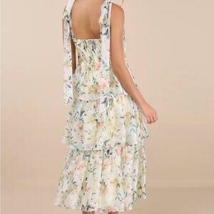 Lulu's Cream Floral Backless Tiered Midi Dress with Tie Straps